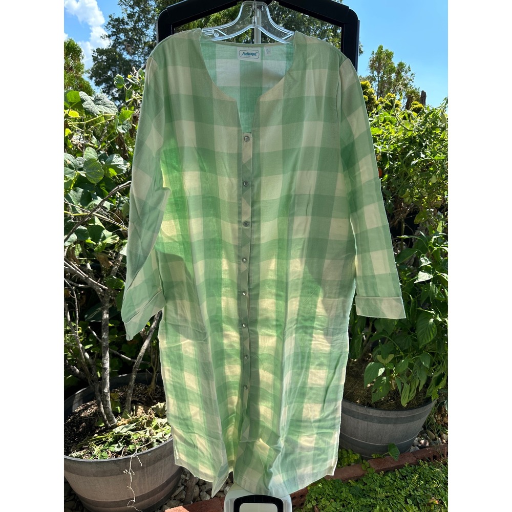 National Green White Gingham Cotton Nightgown Long Sleeve Petite Large 24317